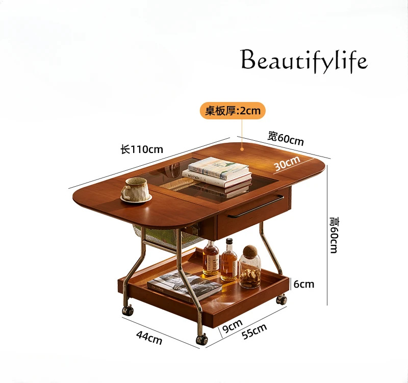 

Nordic medieval style solid wood foldable coffee table small apartment movable cart