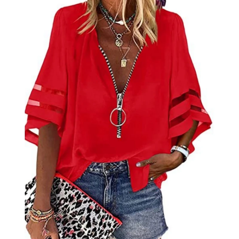 Casual Women\'s Shirt Top  2023 Summer Sexy V-Neck Zipper 3/4 Flare Sleeve Solid Color Patched Loose Blouse Women Clothing S-XXL