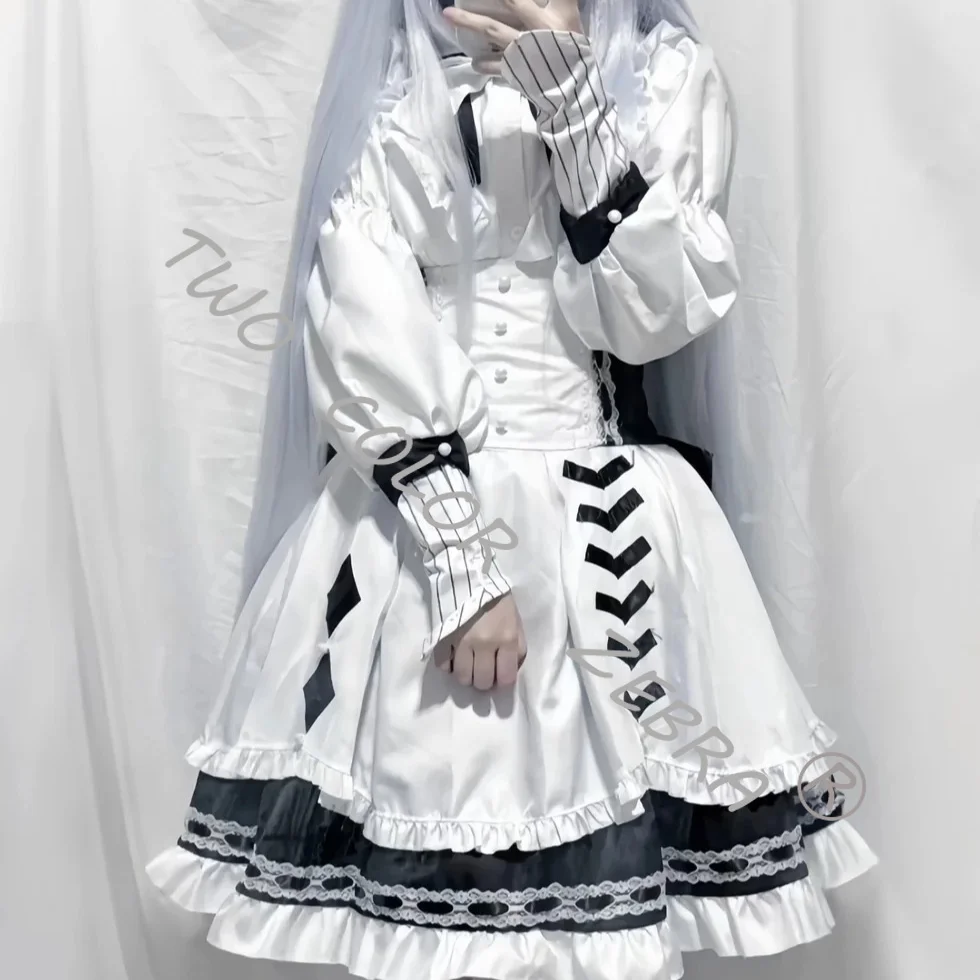 Shinonome Ena Kanade Yoisaki Cosplay Costume Wig White Black Maid Dress Bow and Accessories for Halloween Stage Perfromance