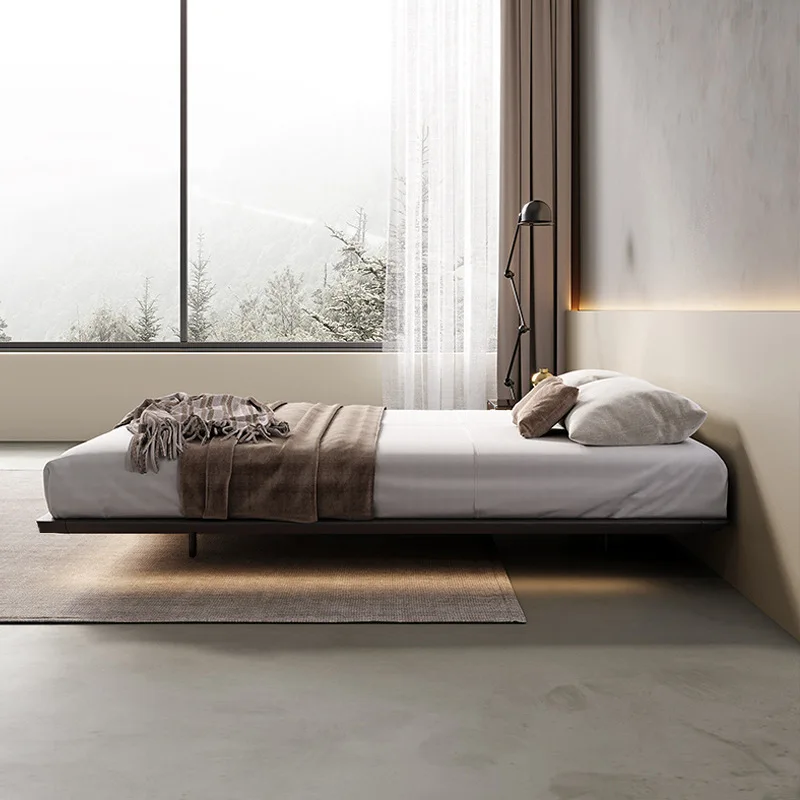 Italian Minimalist Floating Bed Without Bedside Designer Master Bedroom Bed Frame Double Modern Light Luxury Solid Wood Furnitu