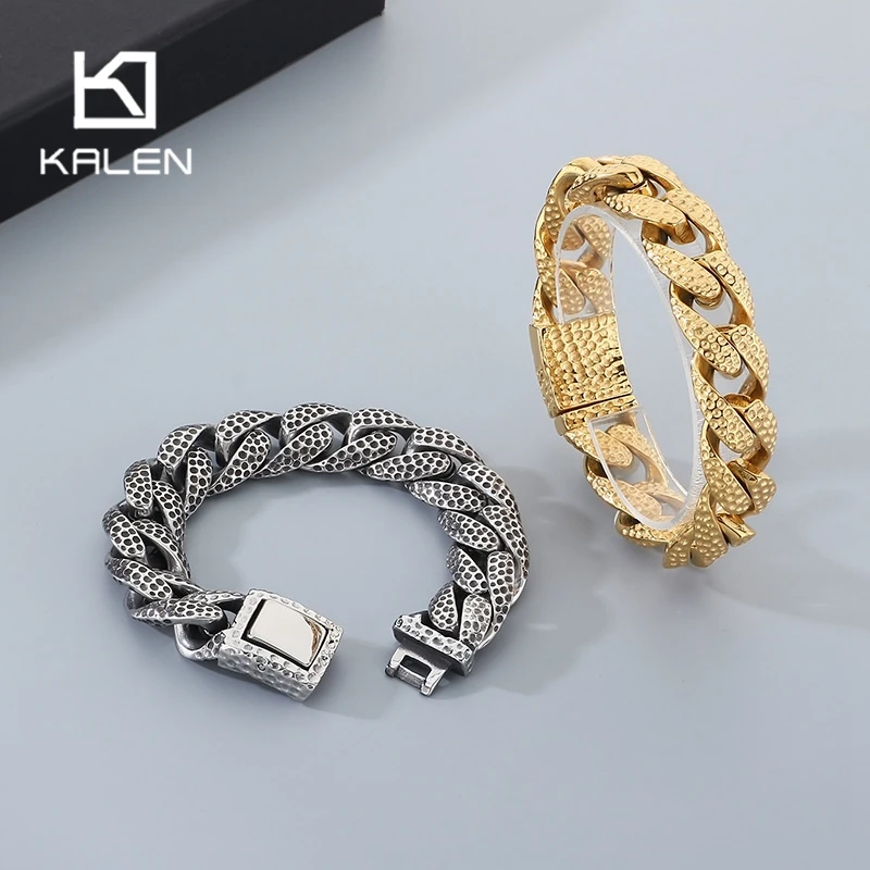 

KALEN Vintage Stainless Steel Cuban Link Chain Bracelet for Men Chunky Necklace Gold Color Women‘s Choker Polka Dot Rock Jewelry