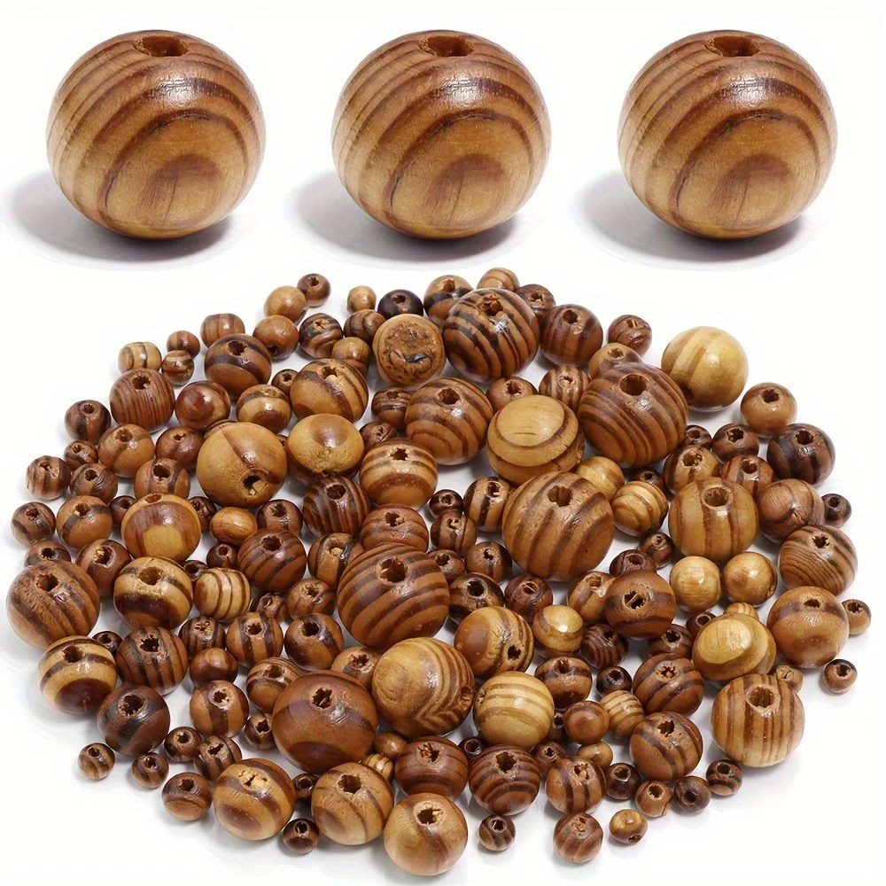 100-1000 pcs/Lot Pine Wood Beads Round Stripe Spacer Ball Bead for DIY Bracelet Necklace Jewelry Making Accessories