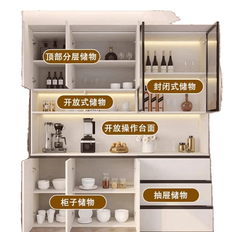 خزانة جانبية لتناول الطعام مدمجة مع خزانة النبيذ الخفيفة على الحائط وغرفة المعيشة المنزلية وتخزين مطبخ الشاي البسيط
