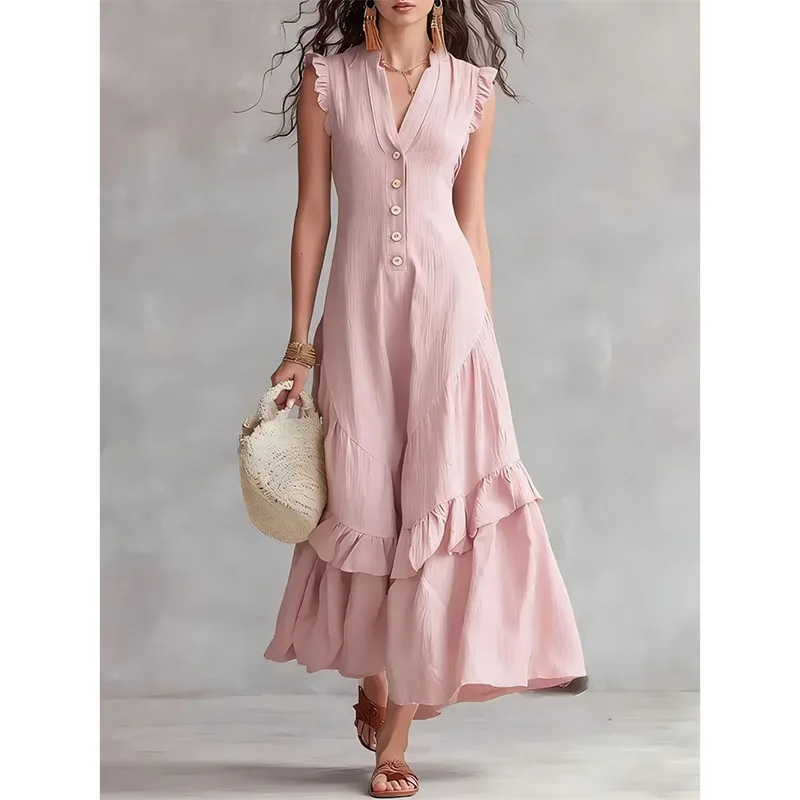 Vestido de Mujer Estilo Europeo Americano, Elegante, Minimalista, de Algodón y Lino, Sin Mangas, Cintura Media, Cuello en V, Falda Plisada, Nuevo 2026