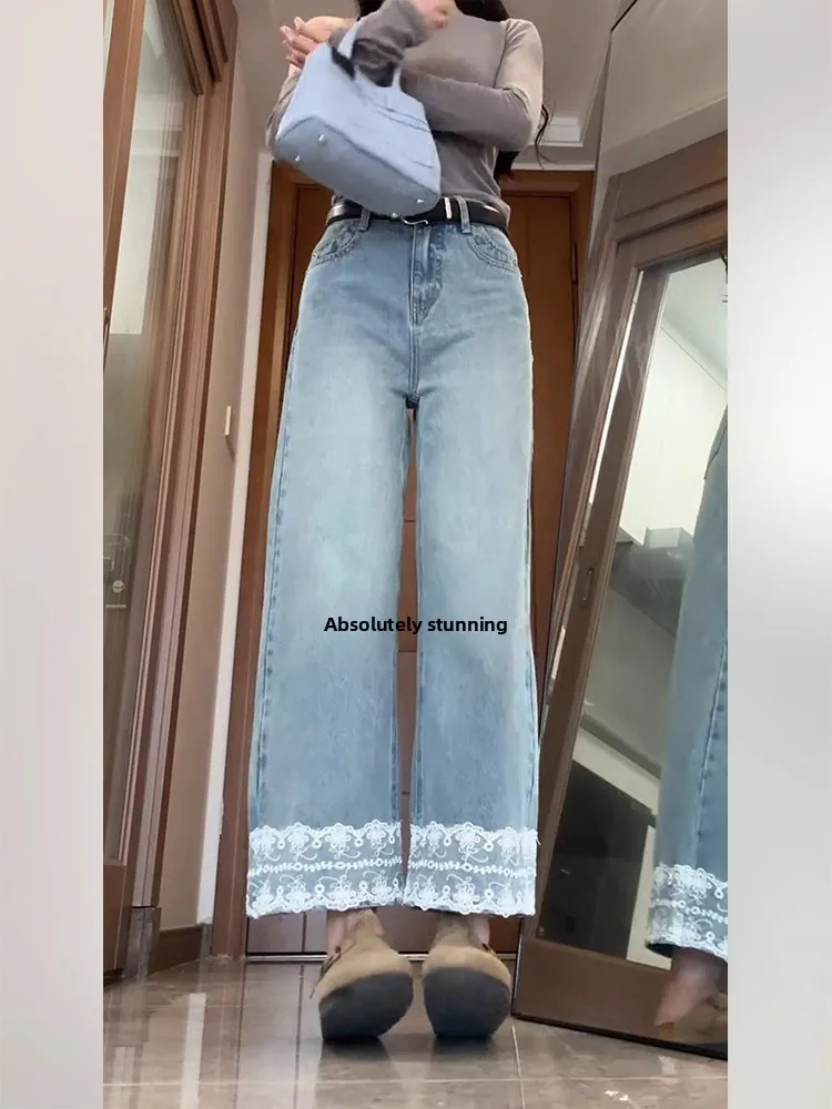Pantalones vaqueros de pierna recta con empalme de encaje de talla grande para mujer, pantalones de pierna ancha adelgazantes de cintura alta, ropa de verano, tela vaquera resistente