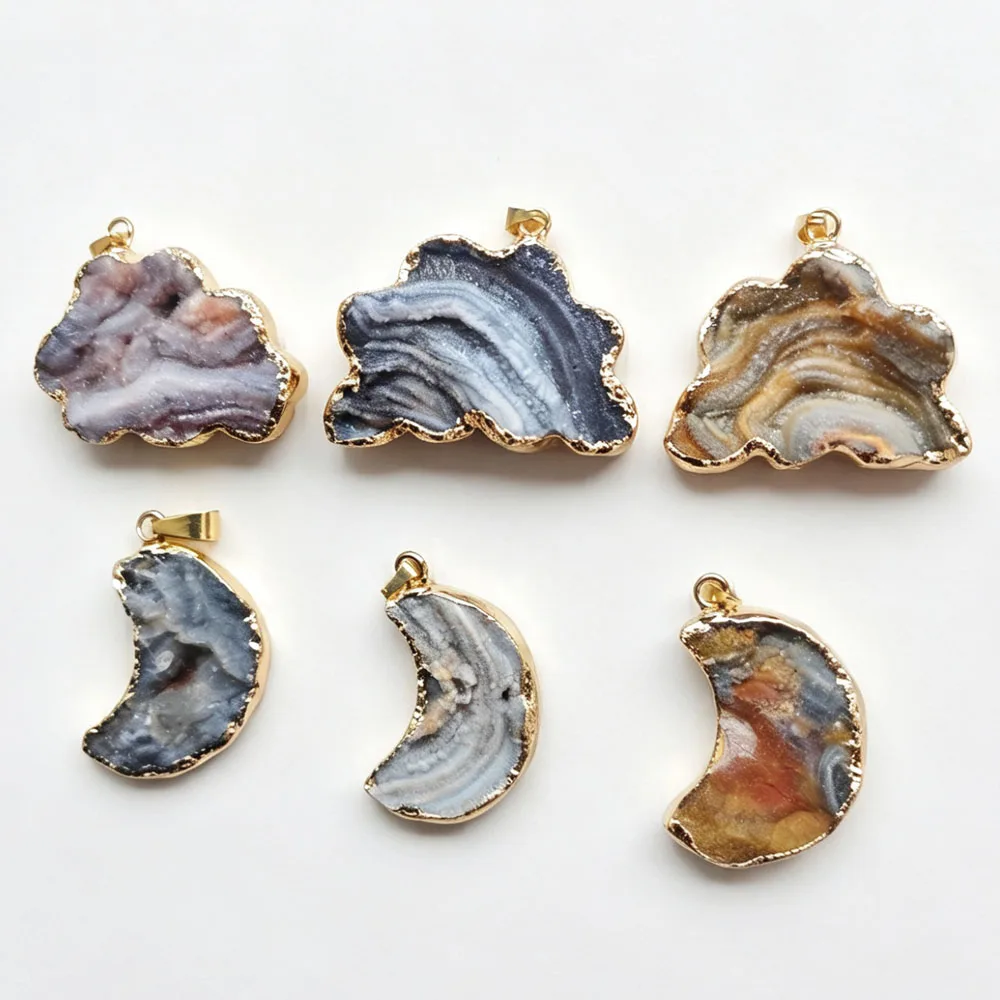 6pcs Natural Galaxy Sun Agate Gold Color Side Irregular Moon And Cloud Shape Pendants For Necklaces Jewelry Making Wholesale