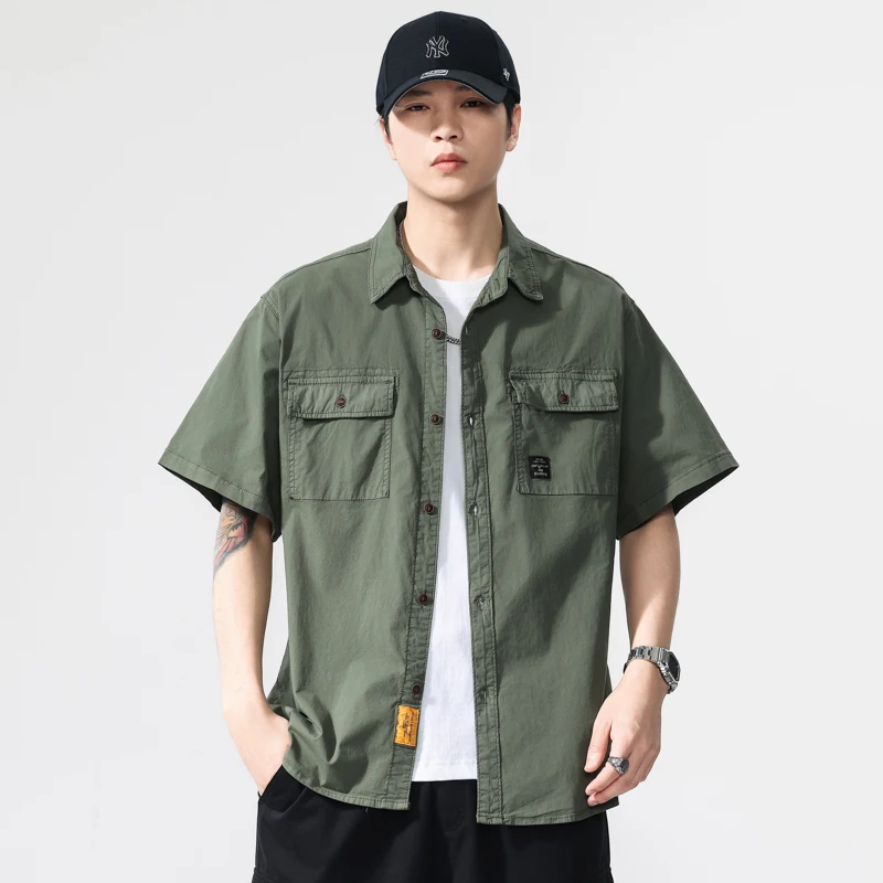 Men's Multi-pocket Casual Shirt Loose Fit Trendy Green Khaki Short Sleeve Fashion Top Versatile Work Jacket BL832