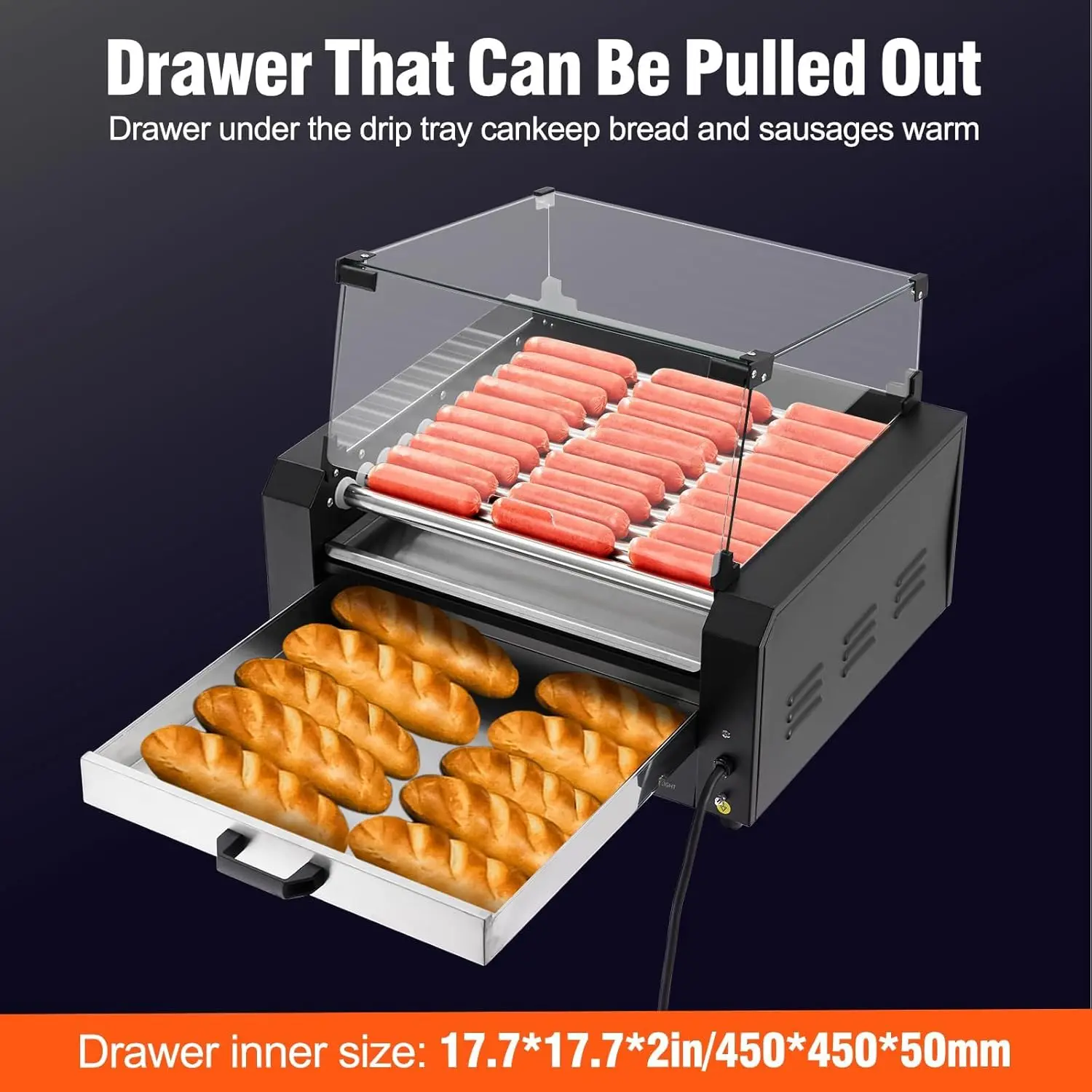 Hot Dog Roller,11 Rollers 30 Hot Dogs Capacity 1950W Hot Gog Roller Machine with Removable Oil Drip Tray Dual Temp Control