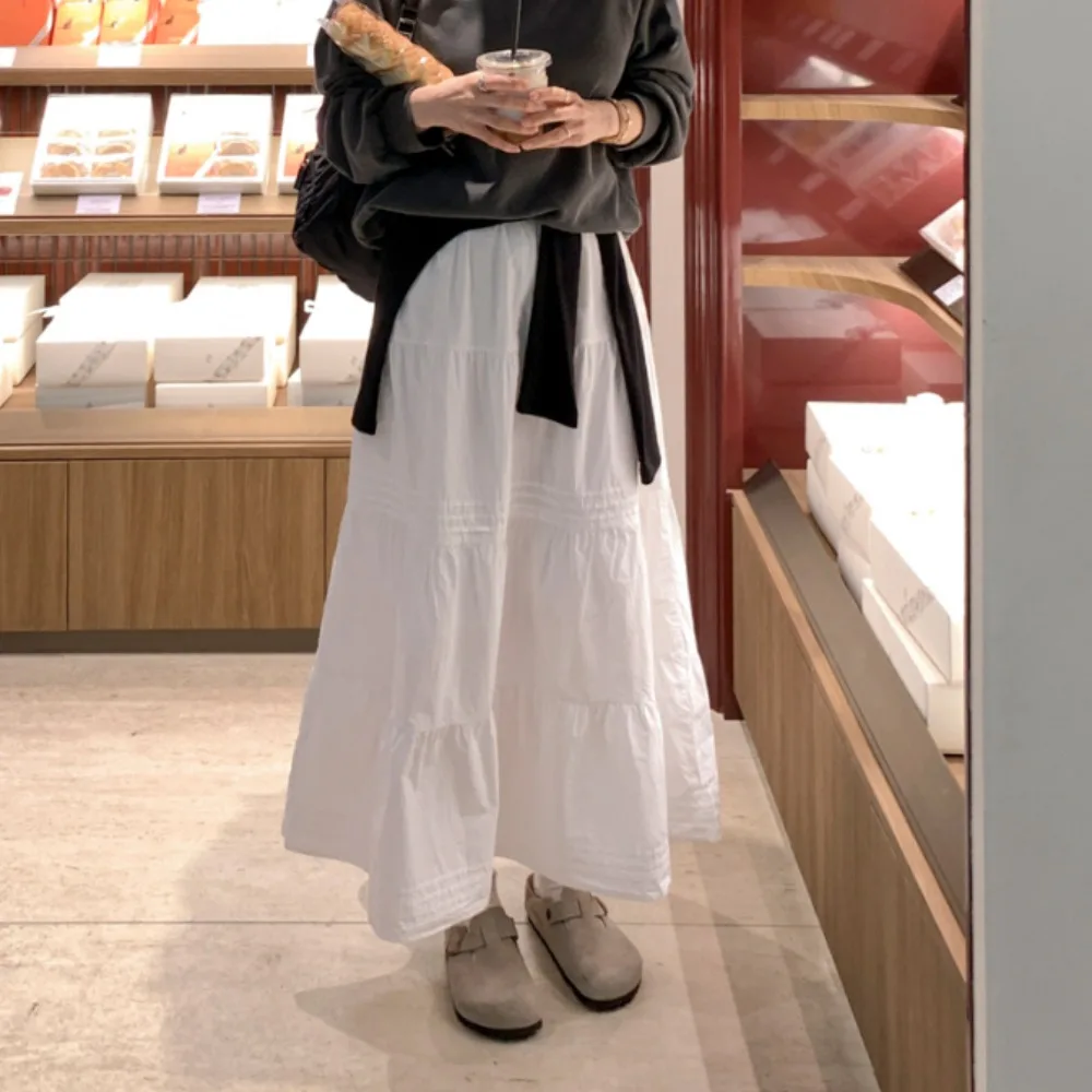 

Chic Spring Summer White A-Line High Waist Women's Skirt Cake Skirt Casual Breathable Skin-Friendly Cotton Midi Skirt