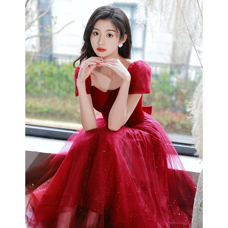 Wine Red Off the Shoulder Evening Dress Luxury Velvet Puff Sleeves Princess Dresses Tulle Sequins A-Line Engagement Gown