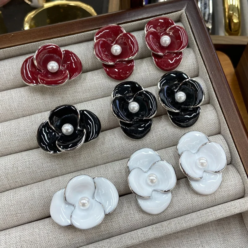 Retro Three Petal Drop Glaze Flower Central Pearl Decor Matching Earring Ring Jewelry Set