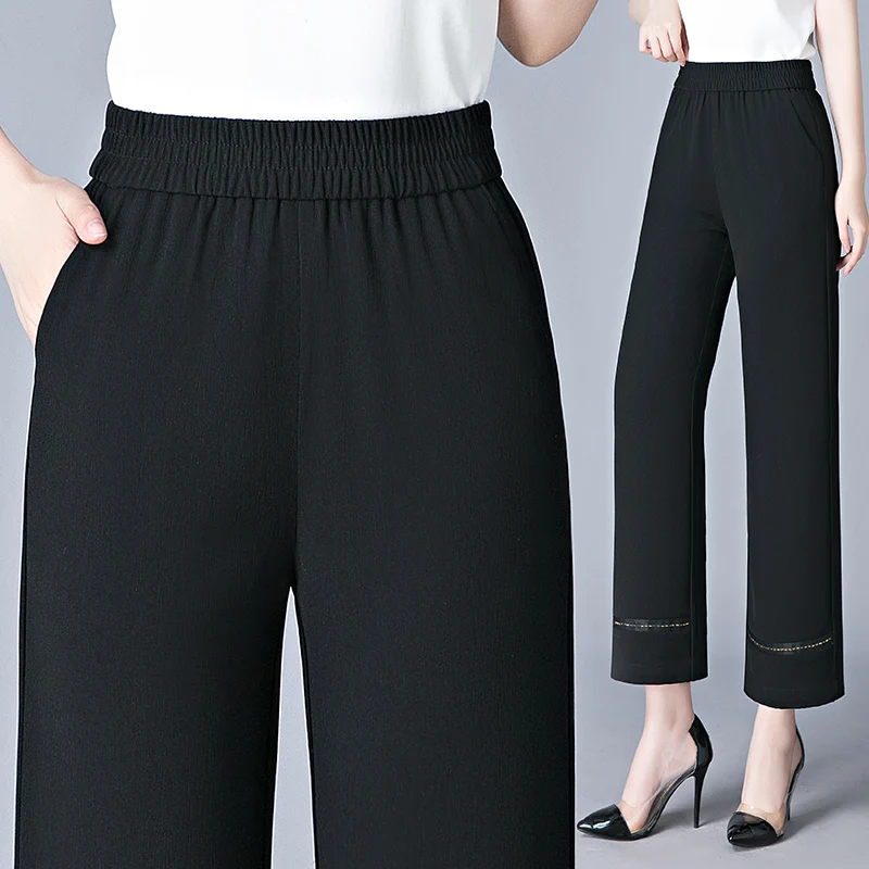 Fashion High-end Korean Casual Loose Black Wide Leg Pants Women Elastic High Waist Patchwork Pockets Versatile Straight Trousers