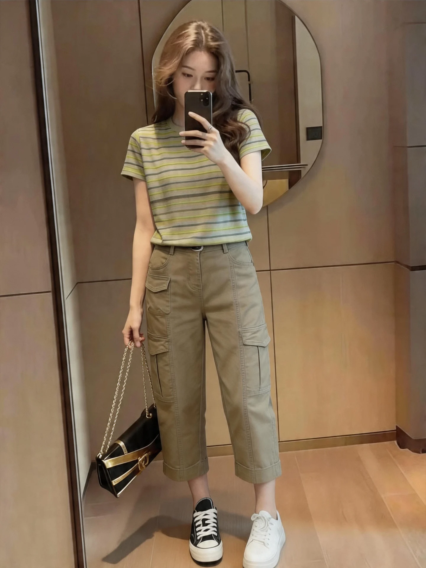 

Retro Japanese Style Loose Casual Striped T-Shirt with Pocket Denim Pants Fashionable Versatile Women's Summer Outfit Set