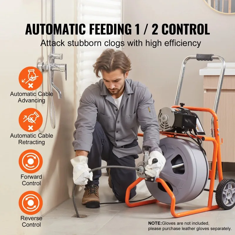 SucceBuy Drain Cleaner Machine 75FT/100FT 1/2 Inch Auto Feed Sewer Snake Drain Auger with Wheels Portable Drain Cleaning Machine