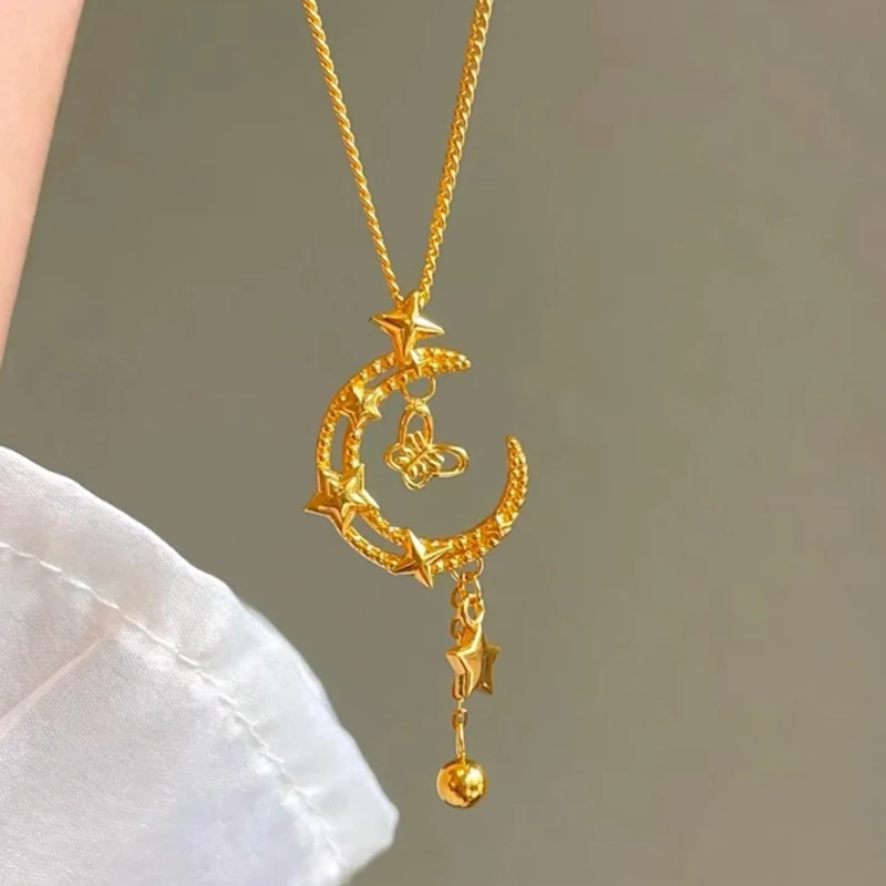 Collar de luna y estrella de mariposa de oro AU750 de alta calidad para mujer, regalo de joyería de cadena de clavícula de temperamento de moda de oro de 18 quilates