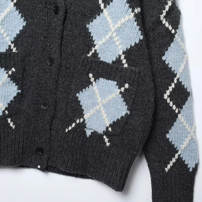 Contrast Color Black Blue Argyle Diamond Knit Cardigan V Neck Single Breasted Button Front Dual Pockets Loose Outerwear 260701 view 6
