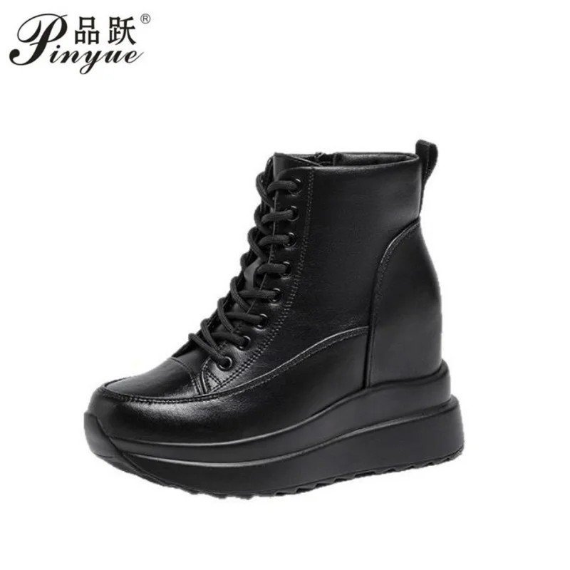 

Top quality 9CM Genuine Leather Platform Wedge Flats Shoes Chunky Sneaker Casual Comfy Spring Autumn Vulcanize Women Short boots