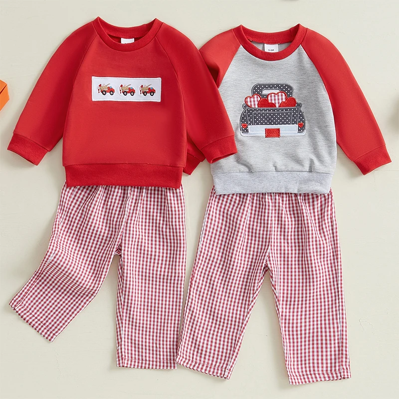 Baby Boy Valentine Outfit Truck Embroidery Long Sleeve Sweatshirt and Plaid Print Pants 2 Piece Clothes for Toddler