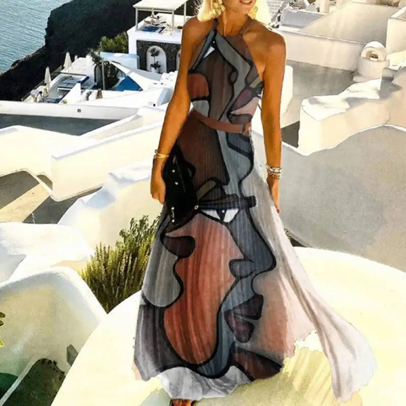 Fashion Sexy Halter Print Pleated Long Dress Women Sweet O Neck Beach Cover Ups Robe Summer Sleeveless Casual Boho Maxi Sundress