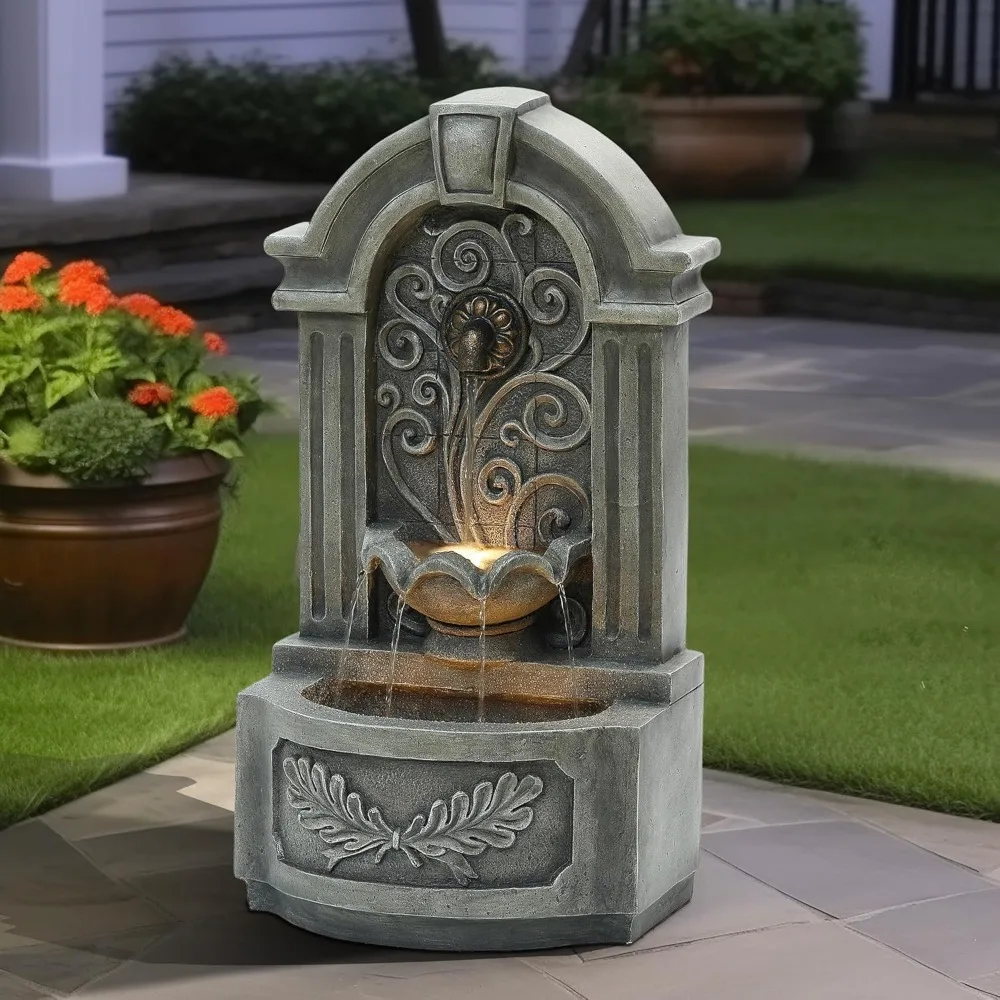 

30 Inch Tall Outdoor Water Fountain with LED Lights, Vintage Gray Resin Water Feature Decor Waterfall Fountain, 2-Tier Wall