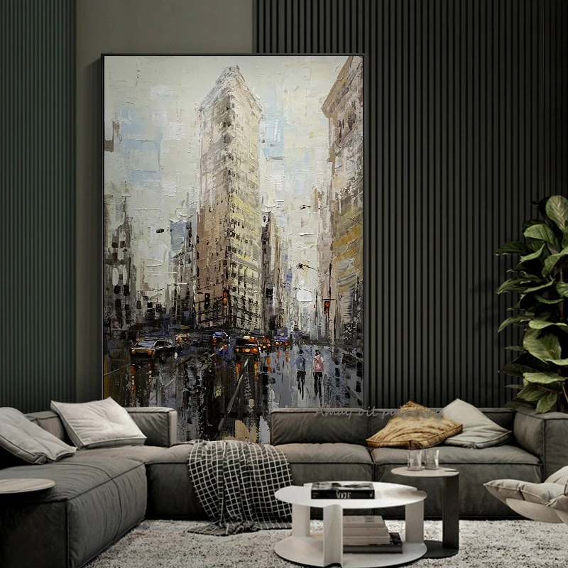 Large Hand Painted Urban Street Oil Painting, Vertical Impasto Textured Retro Skyscraper Modern Hall Canvas Wall Decor