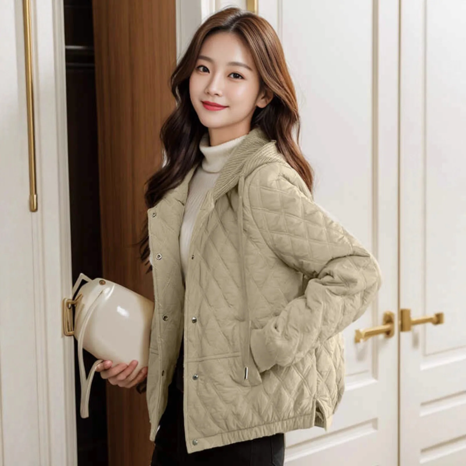 

Cotton padded women's short fashion and stylish diamond grid hooded lightweight cotton jacket jacket for autumn and winter 2025