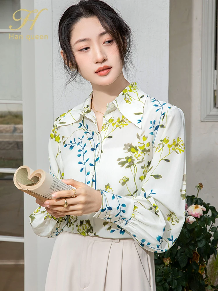 

H Han Queen Women's Clothing Print Long Sleeves Vintage Loose Tops Chic New Blouse Korean Autumn Shirts Office Work Blouse 2025