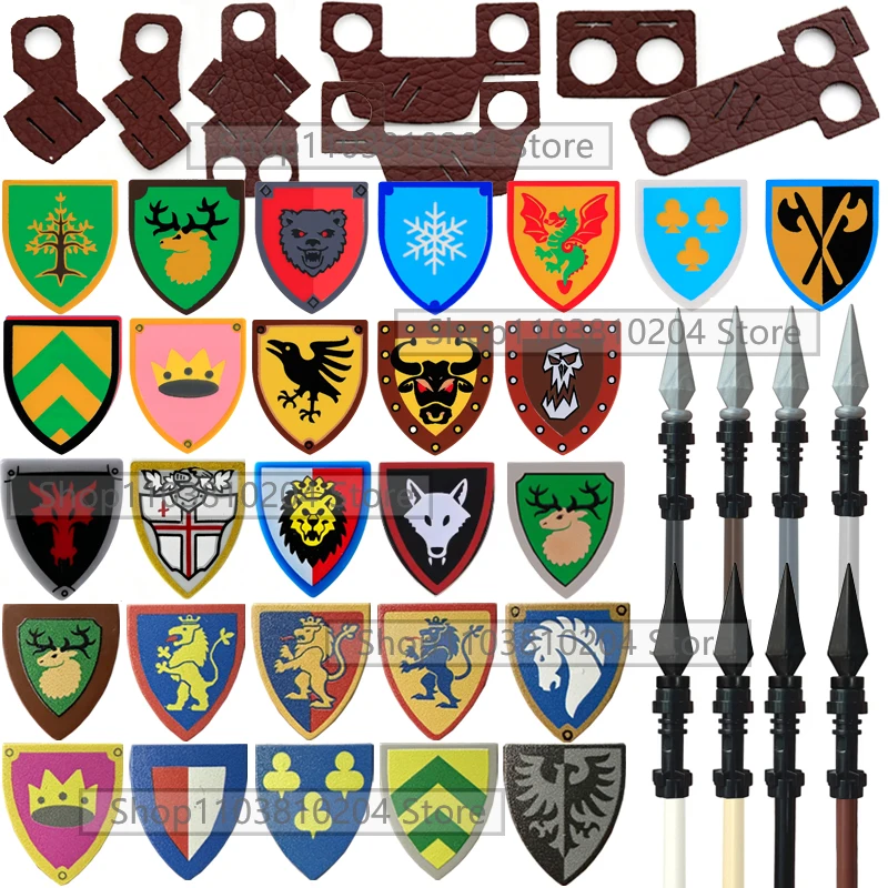 Acessórios de Blocos de Montar de Figuras de Castelo Medieval: Escudo, Lança, Machado, Bainha, Manto, Capacete Viking, Armadura do Rei Leão - Brinquedo de Blocos E07