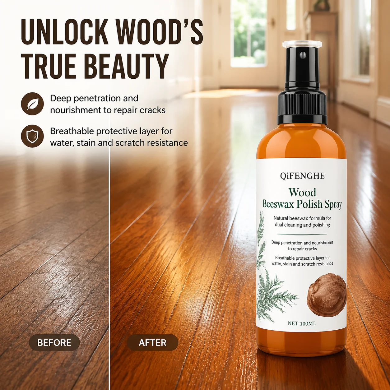 Wood Care Beeswax Spray Deep Nourishment Fix Dry Cracks Create Protective Layer Shine Wooden Furniture Surfaces