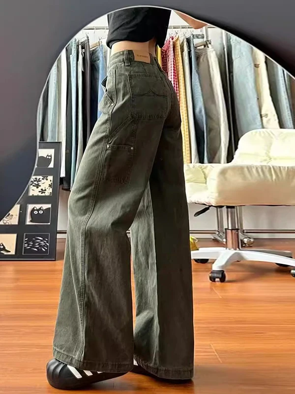 

Американские военно-зеленые широкие джинсы-брюки для женщин, весна-осень, большие размеры, свободные, стройнящие, струящиеся, в пол