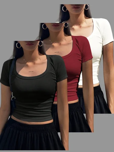 Conjunto de tres piezas de camiseta informal con cuello cuadrado, color sólido, primavera, verano y otoño, europeo y americano