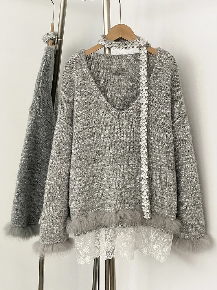 

2025 New Spring Autumn Top Knitted Clothes Women Loose Ribbon Knitwear Coat Real Fox Fur Lace Pullovers Sweater Jacket Female