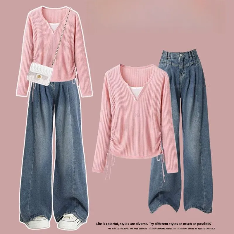 

Женский джинсовый трикотаж больших размеров, утягивающие широкие брюки с высокой талией, универсальный длинный костюм-двойка на пуговицах V-Ne