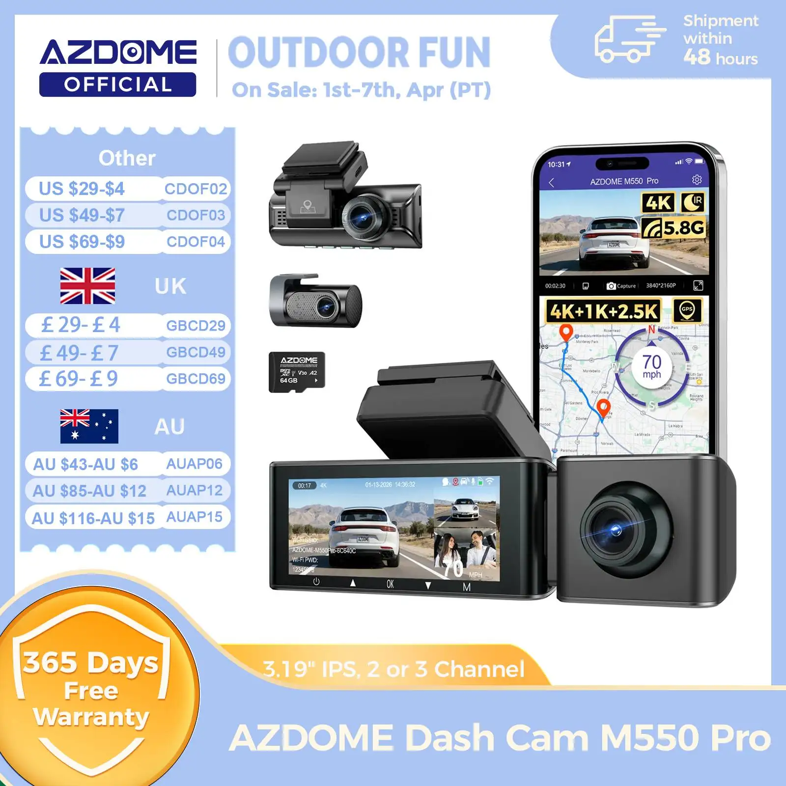 AZDOME M550 Pro Dash Cam Car DVR 5.8Ghz WiFi 3.19" IPS 2 or 3 Channel Dash Camera GPS Night Vision Dual 4K+1080P Parking Monitor