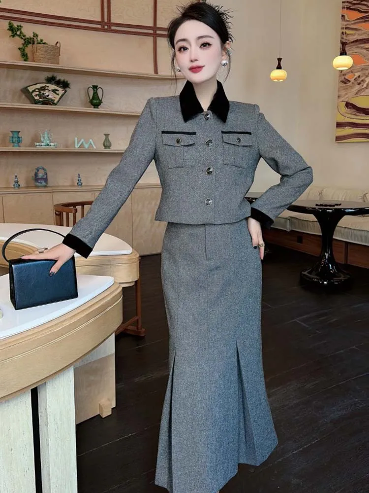 ZJYT Autumn Winter Woolen Jacket Suit with Skirt 2 Piece Matching Set for Women Elegant Long Sleeve Grey Outfit Midi Dress Sets