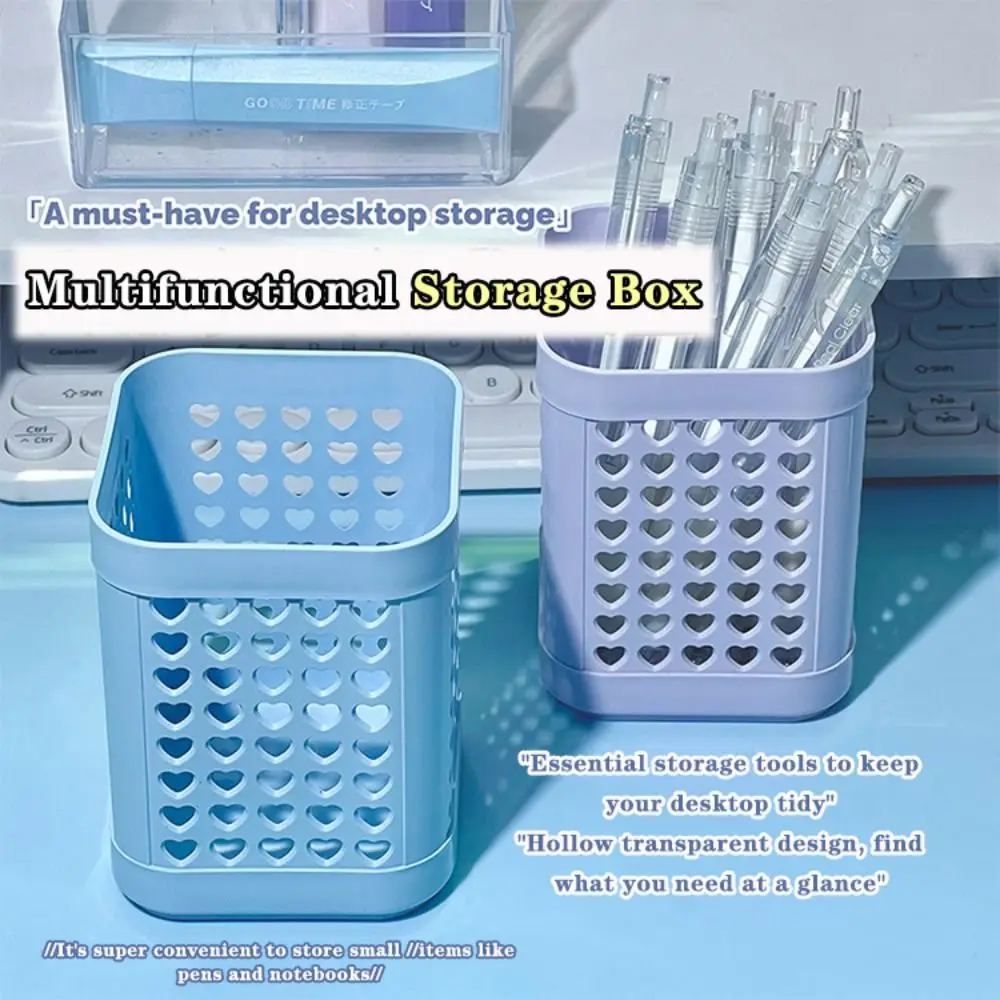Multi-functional Plastic Pen Holder Hollow-out Pattern Square Desk Organizer Large Capacity Pencil Cup Students