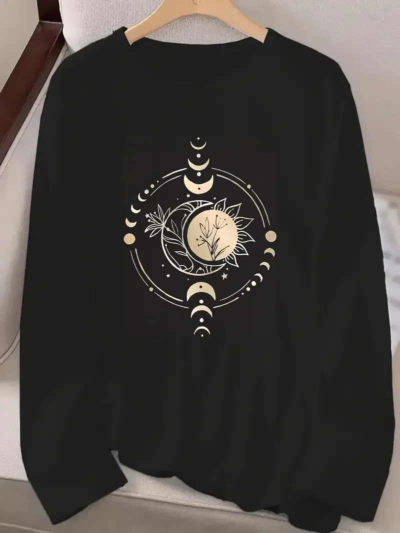 Women's Long Sleeve T-Shirt  Sun Moon Stars Floral Design Vintage T Shirt Women's  Print T-Shirt Crew Neck Top Tee Tshirt Casual