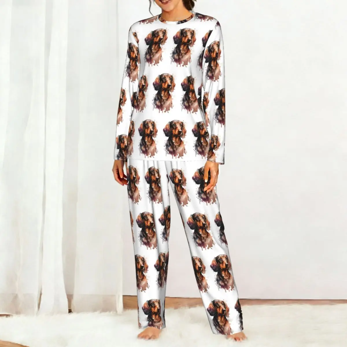 Dachshund Dog Animal Round Neck Long Sleeve Nightgowns for Sleeping Sleepshirts Women Soft Pajama Set Long Pants