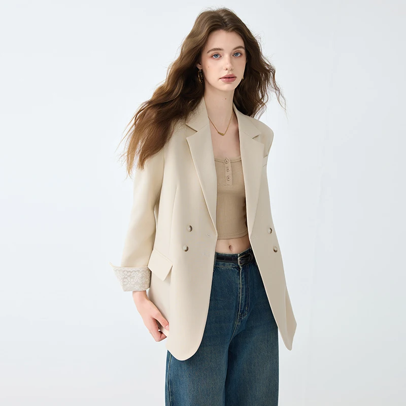 Women's Fashionable Double-Breasted Off-White Blazer Relaxed Fit Autumn/Winter 2026 New Style Casual Elegant Suit
