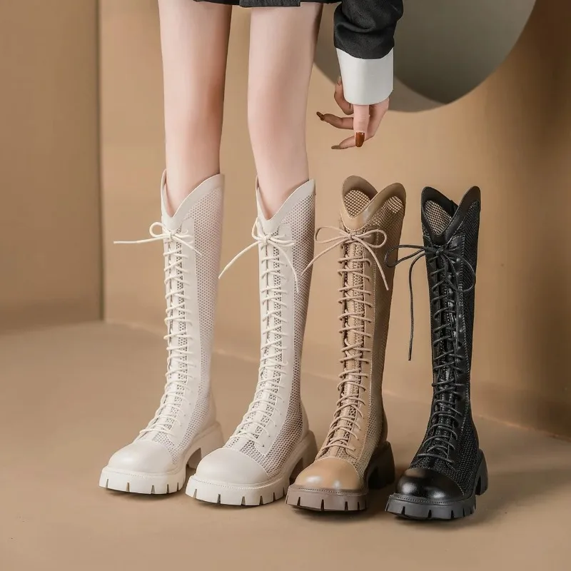 Summer New Women's Shoes Exquisite Air Mesh Knee-high Boots for Woman Fashion Platform Knight Boots Designer Shoes Botas Mujer