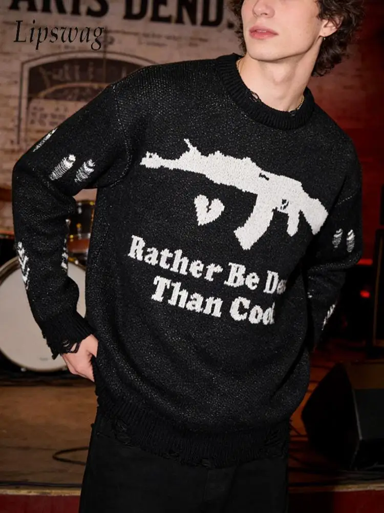 

Y2K Mens Sweaters Vintage Graphic Crochet Embroidery Knitted Pullover Tops 2026 Spring Casual Long Sleeve Crew Neck Knit Sweater