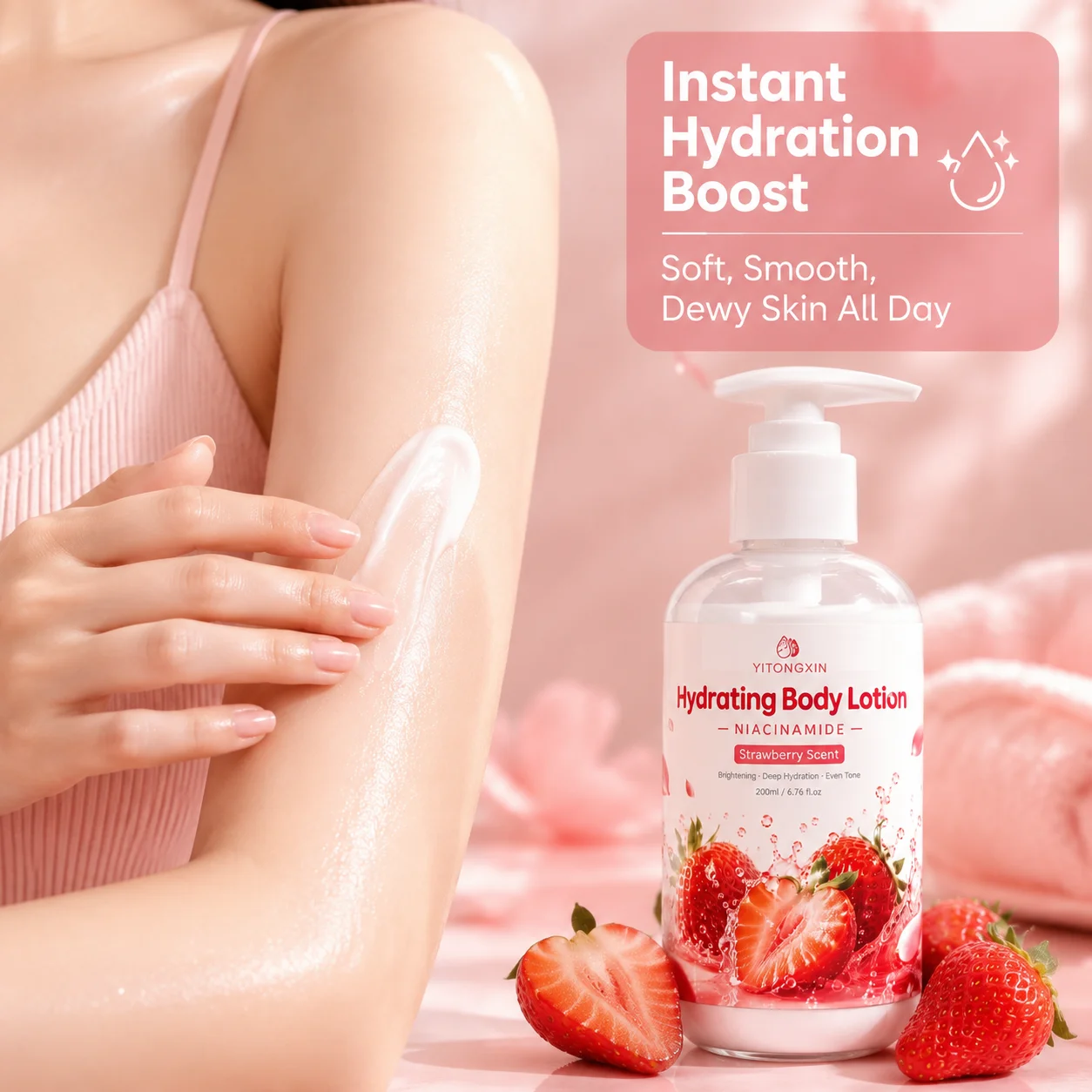 Niacinamide Hydrating Body Lotion Strawberry Scent Brightening Moisturizer Deep Hydration Even Tone Skincare for Women 200ml