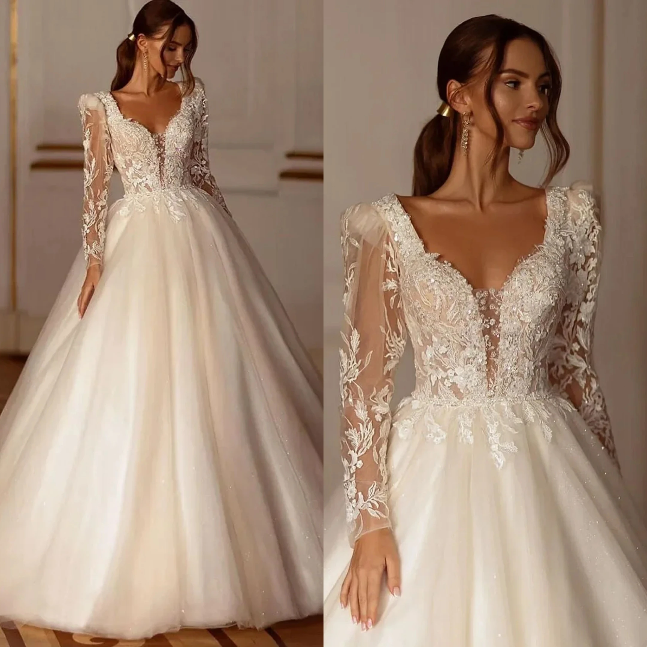 

Vintage A-Line Women Wedding Dress Sweetheart Long Sleeves Appliques Lace Up Bridal Gown Slim Fit Dresses Custom Made