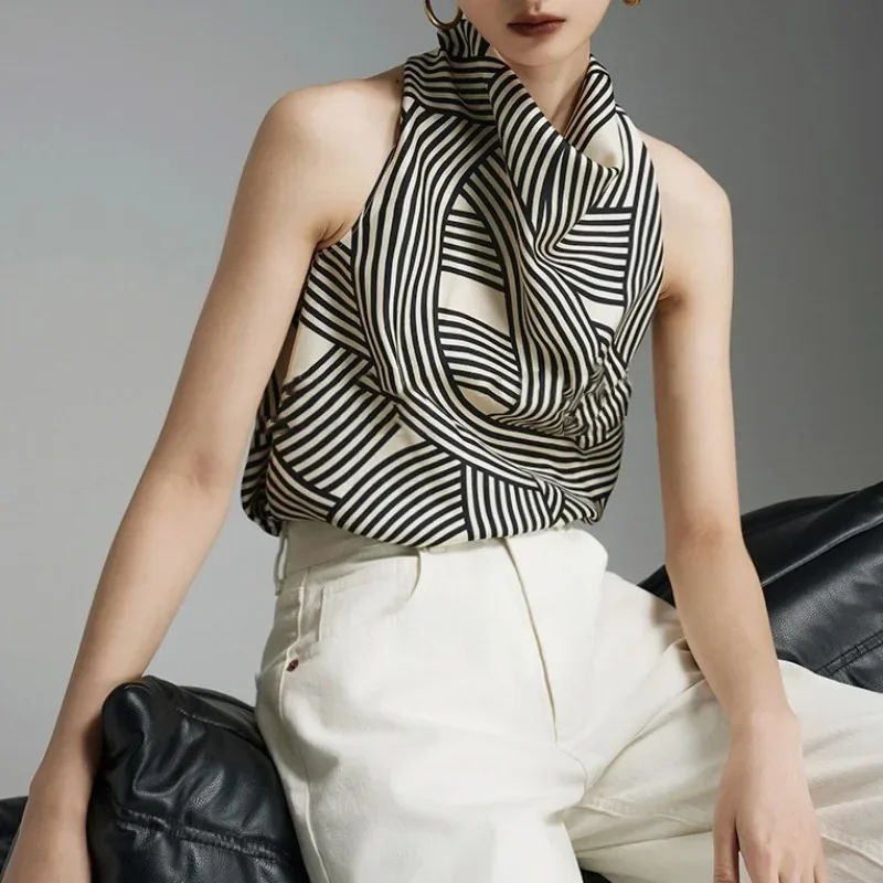 

Women's Sexy Printed V-Neck Halter Neck Camisole With Roman Stripes 2025 Spring Summer New Style