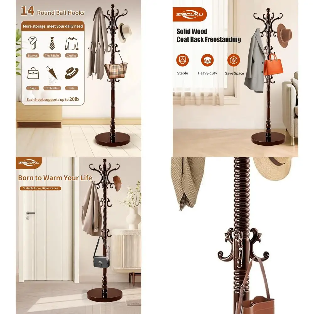 

Vintage Solid Wood Freestanding Coat Rack with 14 Hooks, Sturdy Vintage Jacket Hanger Tree for Entryway and Office