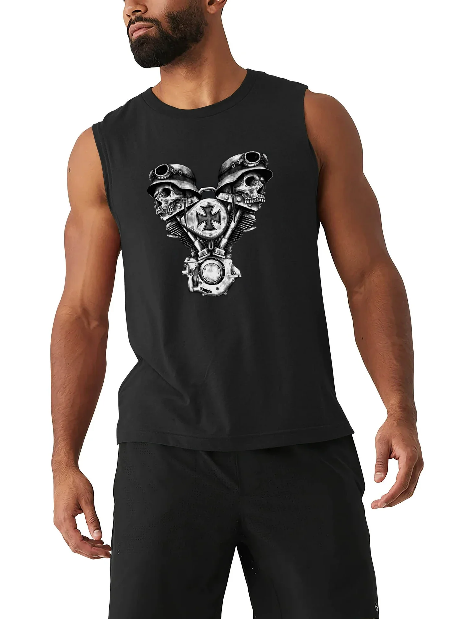 Skulls V-twin Engine Motorcyclist Rider Tank Top 100% Cotton O-Neck Casual Mens Vests Sleeveless T-shirt Retro Streetwear