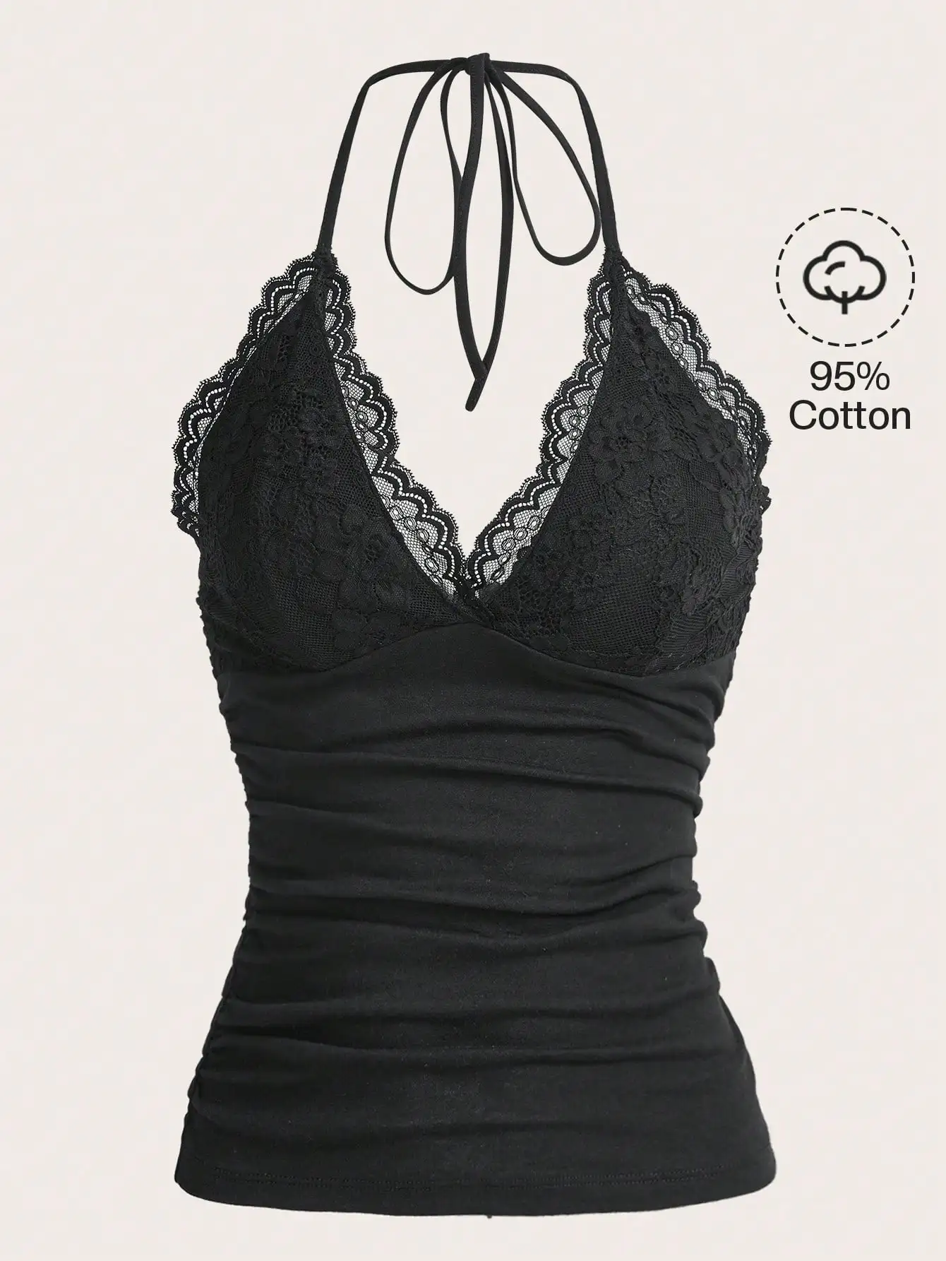 

Черный кружевной топ-халтер с драпировкой, 95% хлопок, сексуальный топ-ками с V-образным вырезом для лета