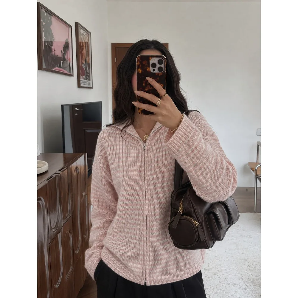 2026 Women's Knitted Sweater Spring Autumn/Winter Loose Casual Street Jacket Lines Girl Retro Zipper Not Choosing Skin Color