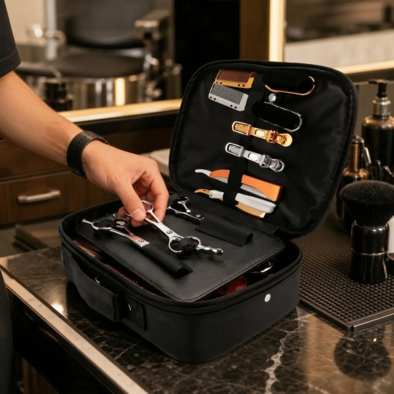 Velvet Barber Tool Organizer Case with Zipper and Handle for Professional Hairdressing Accessories Storage
