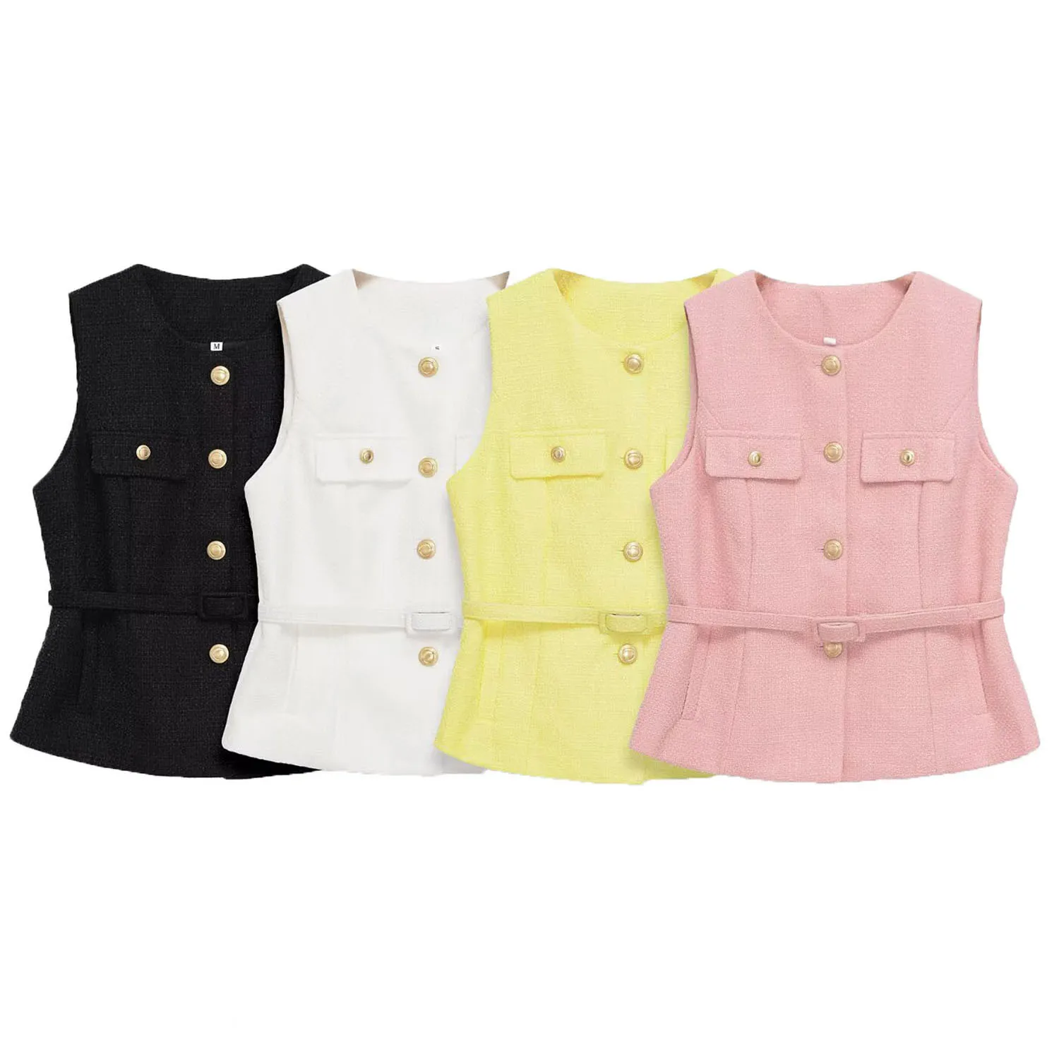 

Весенне-осенний женский однобортный жилет без рукавов с круглым вырезом, модный текстурированный жилет с поясом, стильный офисный топ для поездок на работу